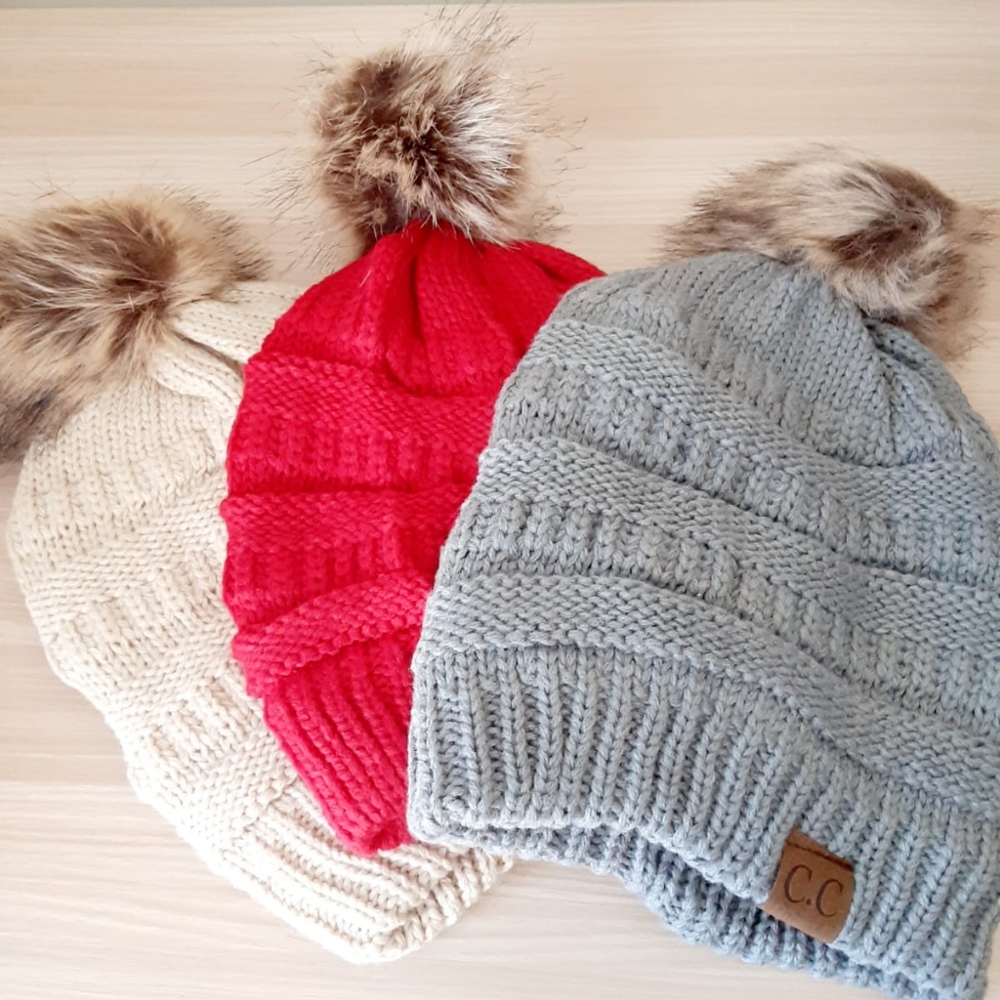 C.C fleece lined pom beanie bundle